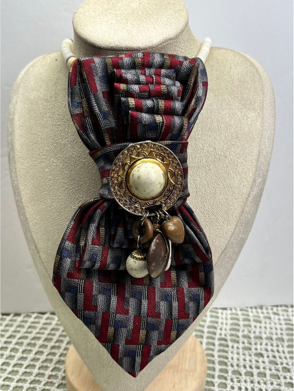 #505 Neck Tie Necklace Red & Blue Gypsy Boho Vibes Rustic Brooch
